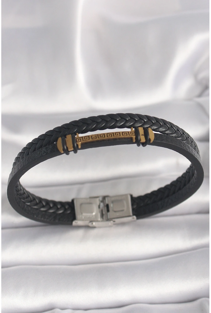 Shoecide 316l Çelik Gold Renk Zikzak İşlemeli Aksesuarlı Çift Sıra Burgu Desenli Deri Kordon Erkek Bileklik