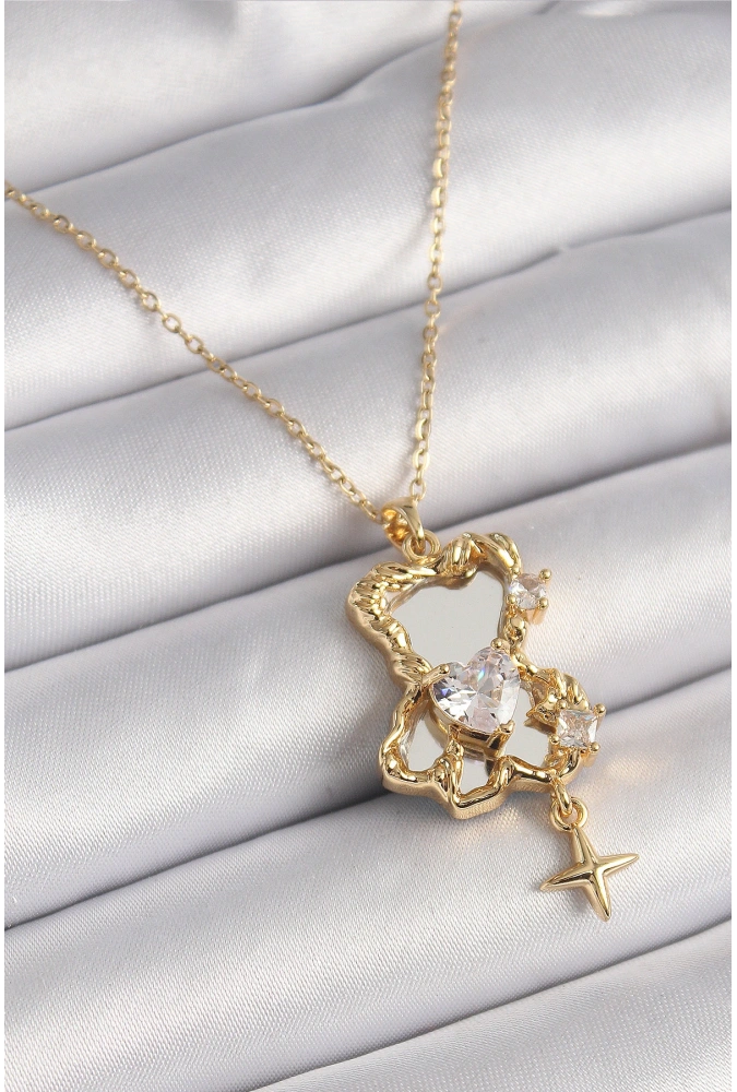 Shoecide 316l Çelik Gold Renk Zincir Ayna Ayıcık Model Zirkon Taşlı Kalp Model Kadın Kolye