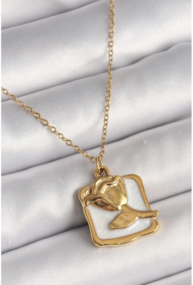 Shoecide 316l Çelik Gold Renk Zincir Beyaz Mineli Gül Portre Model Kadın Kolye