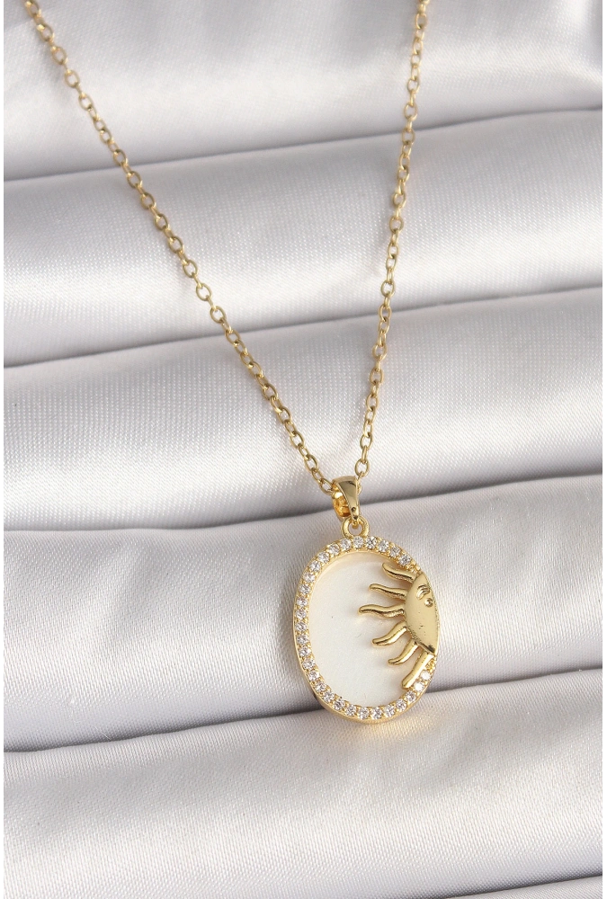Shoecide 316l Çelik Gold Renk Zincir Beyaz Mineli Gün Batımı Model Zirkon Taş Detay Kadın Kolye