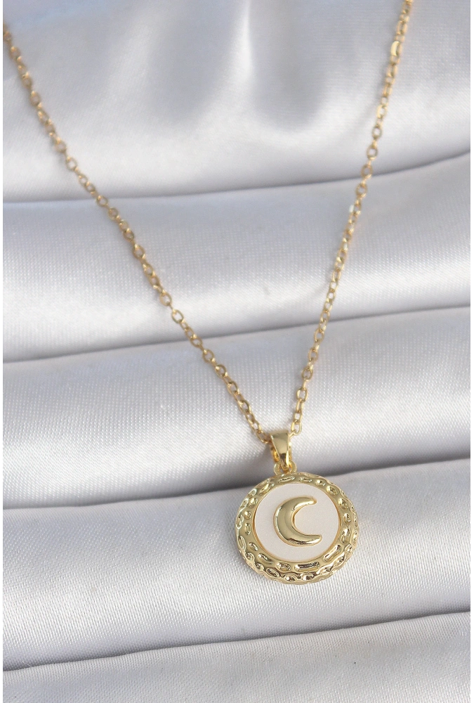 Shoecide 316l Çelik Gold Renk Zincir Beyaz Mineli Hilal İşlemeli Madalyon Model Kadın Kolye