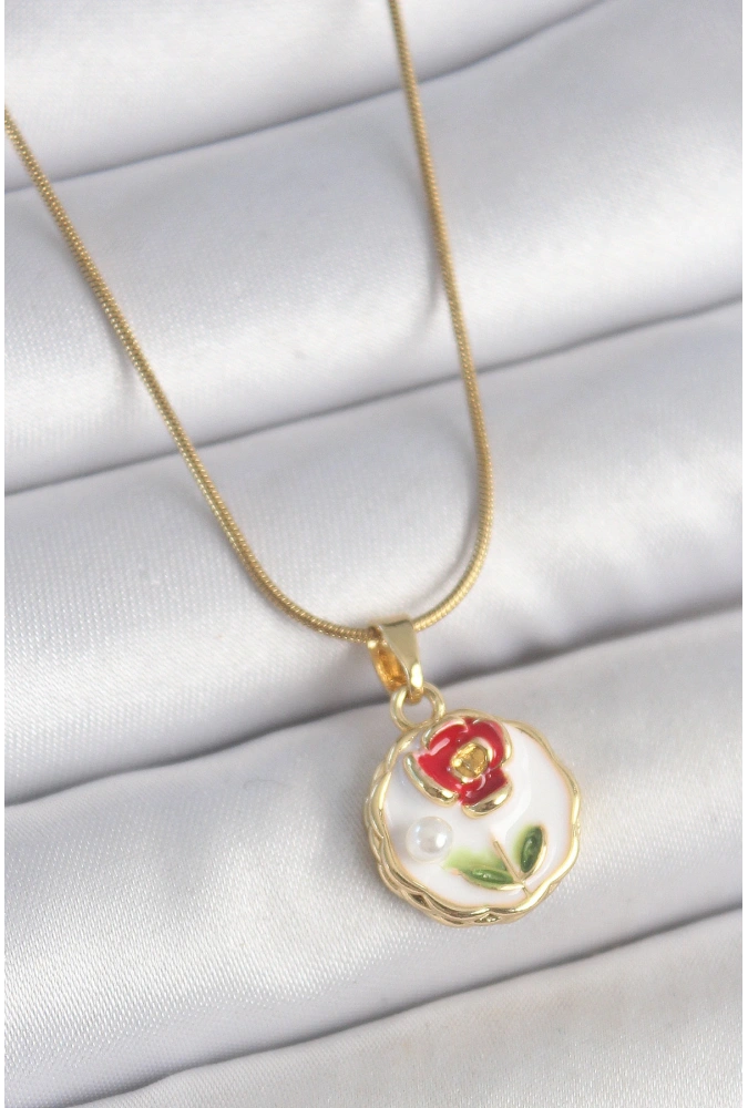 Shoecide 316l Çelik Gold Renk Zincir Beyaz Minimal Çiçek İşlemeli İnci Detay Portre Model Kadın Kolye