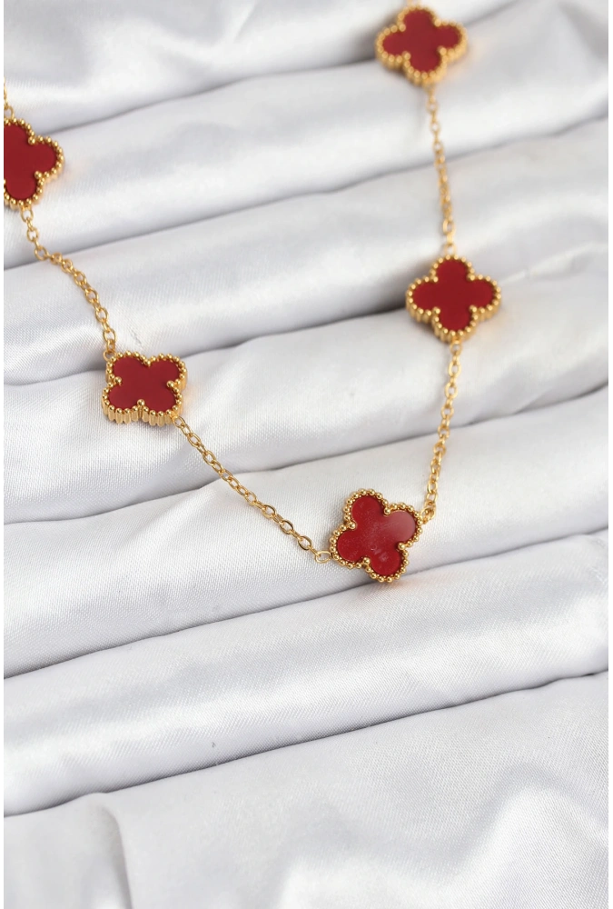 Shoecide 316l Çelik Gold Renk Zincir Bordo Yonca Kadın Kolye