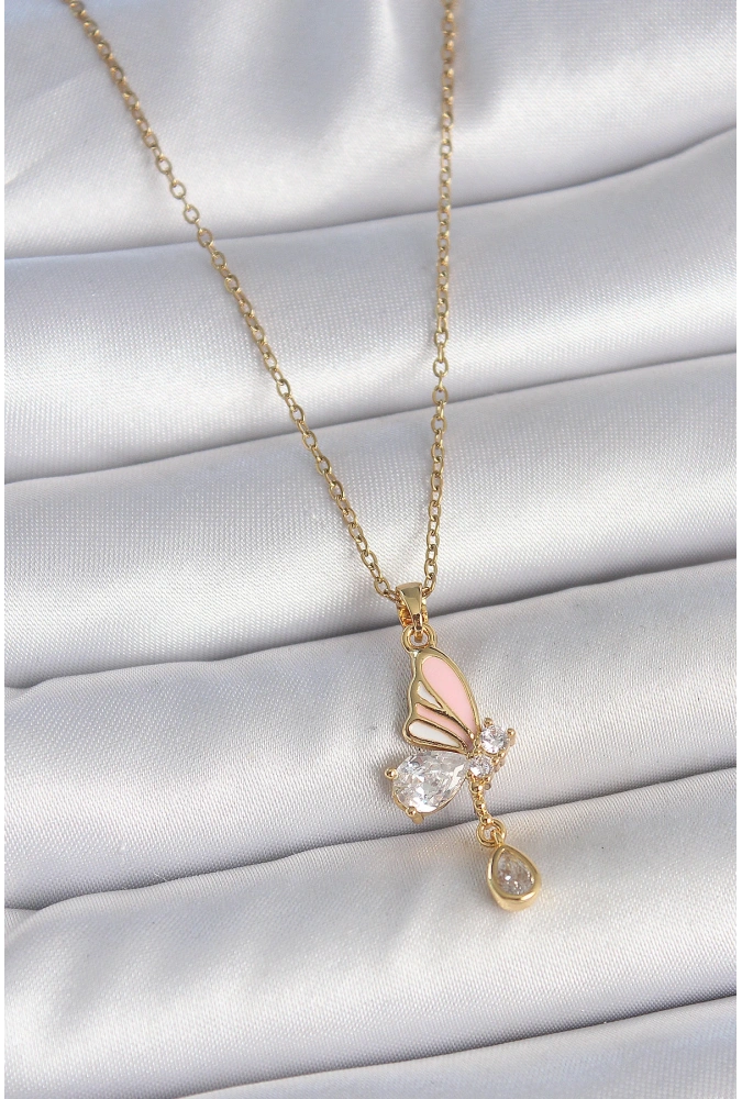 Shoecide 316l Çelik Gold Renk Zincir Damla Zirkon Taşlı Kelebek Model Sallantı Detay Kadın Kolye