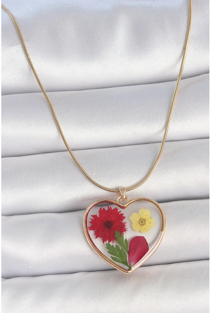 Shoecide 316l Çelik Gold Renk Zincir Epokis Kalp Doğal Çiçek Model Kadın Kolye