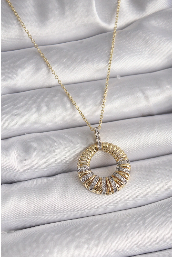 Shoecide 316l Çelik Gold Renk Zincir Gümüş Zirkon Taşlı Daire Model Kadın Kolye