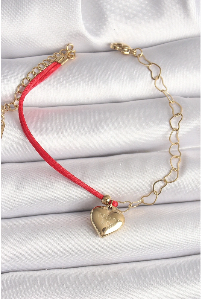 Shoecide 316l Çelik Gold Renk Zincir Kırmızı İp Model Sallantı Kalp Figür İşleme Detaylı Kadın Bileklik