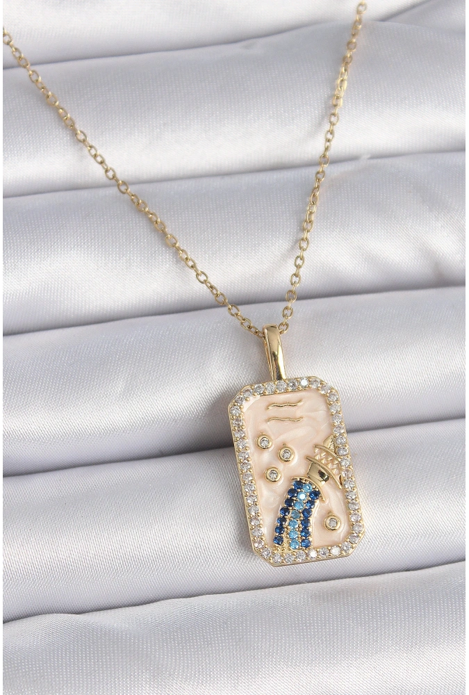 Shoecide 316l Çelik Gold Renk Zincir Kova Burcu Zirkon Taşlı Kadın Kolye