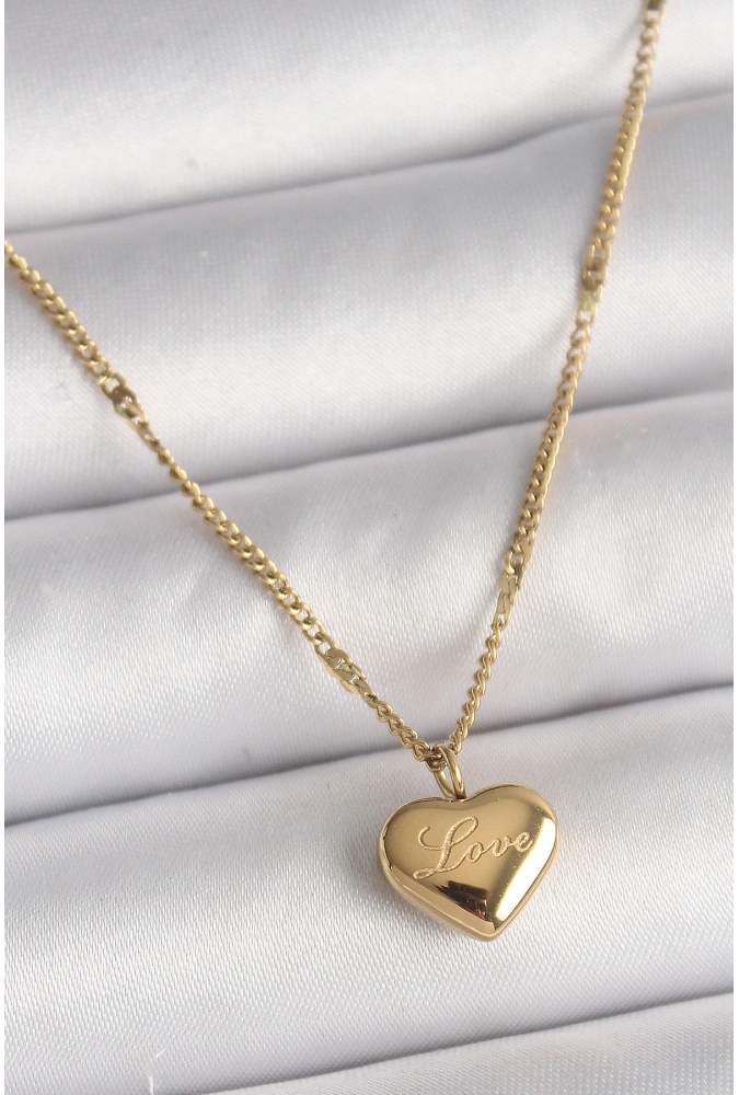 Shoecide 316l Çelik Gold Renk Zincir Love İşlemeli Kalp Figür Kadın Kolye