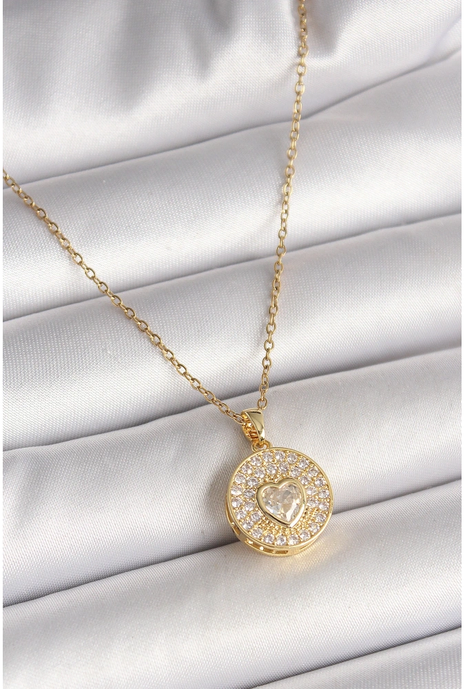 Shoecide 316l Çelik Gold Renk Zincir Madalyon Zirkon Taşlı Kalp Model Kadın Kolye