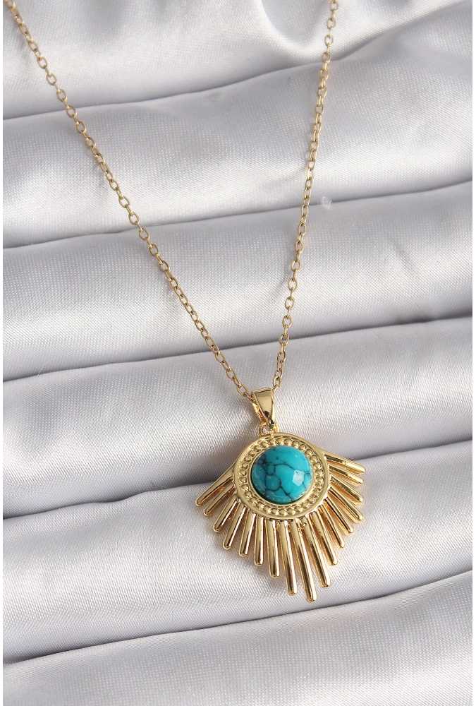 Shoecide 316l Çelik Gold Renk Zincir Mavi Boncuk Güneş Model Kadın Kolye