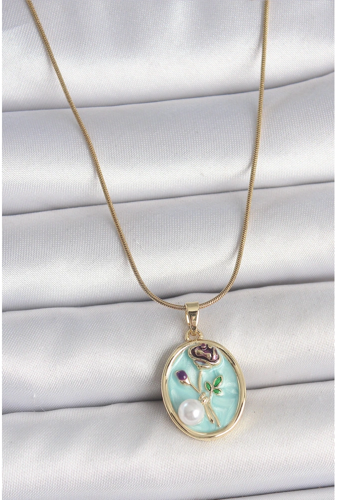 Shoecide 316l Çelik Gold Renk Zincir Mavi Çiçek İşlemeli İnci Detay Portre Model Kadın Kolye