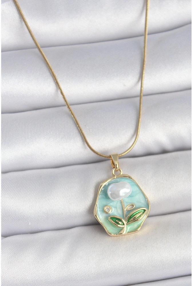 Shoecide 316l Çelik Gold Renk Zincir Mavi Çiçek İşlemeli İnci İşlemeli Portre Model Kadın Kolye