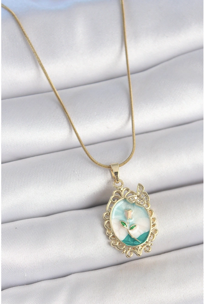 Shoecide 316l Çelik Gold Renk Zincir Mavi Mineli Çiçek İşlemeli Zirkon Taş Detaylı Portre Model Kadın Kolye