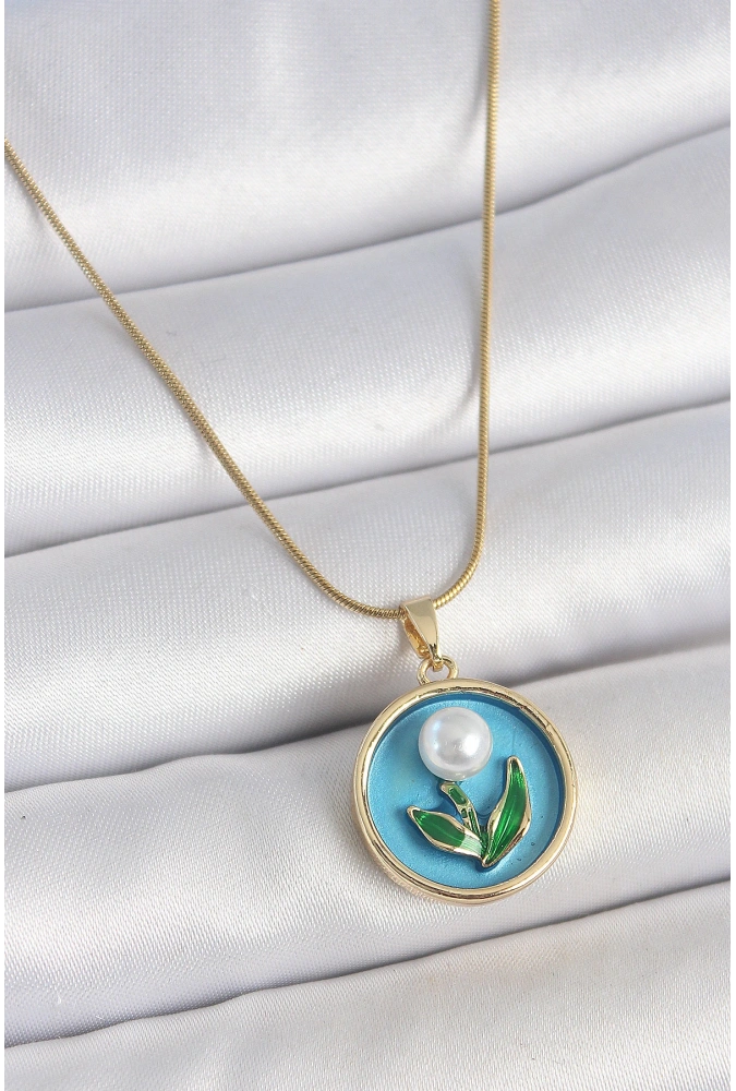 Shoecide 316l Çelik Gold Renk Zincir Mavi Mineli İncili Çiçek İşlemeli Portre Model Kadın Kolye