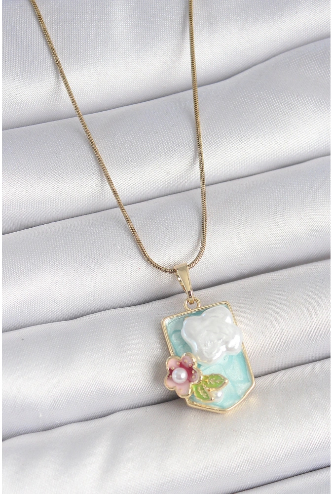 Shoecide 316l Çelik Gold Renk Zincir Mavi Mineli İncili Çiçek İşlemeli Portre Model Kadın Kolye