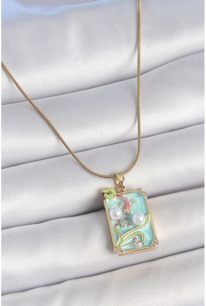 Shoecide 316l Çelik Gold Renk Zincir Mavi Mineli İncili Çiçek İşlemeli Portre Model Kadın Kolye