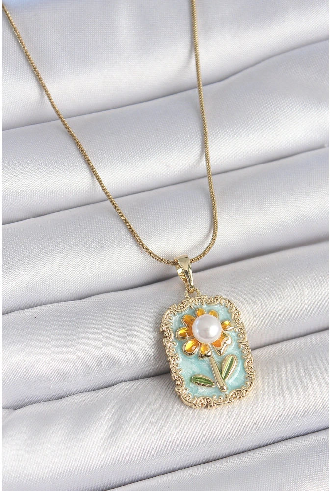 Shoecide 316l Çelik Gold Renk Zincir Mavi Mineli İncili Papatya İşlemeli Portre Model Kadın Kolye