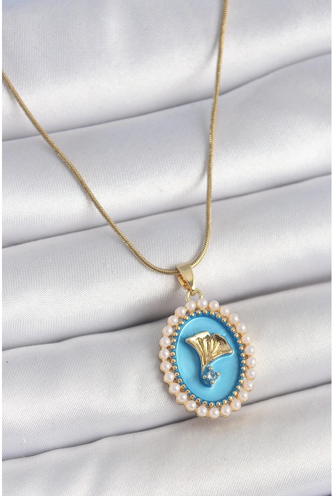 Shoecide 316l Çelik Gold Renk Zincir Mavi Mineli İncili Zirkon Taşlı Çiçek İşlemeli Portre Model Kadın Kolye