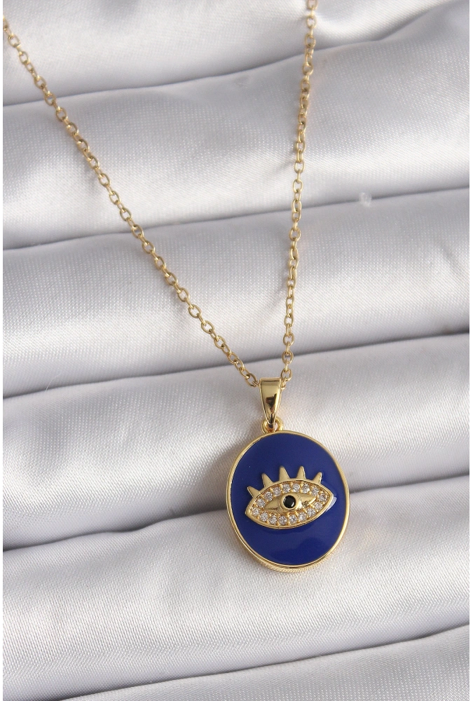 Shoecide 316l Çelik Gold Renk Zincir Mavi Mineli Zirkon Taşlı Göz İşleme Kadın Kolye