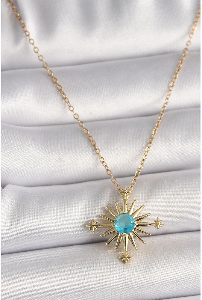 Shoecide 316l Çelik Gold Renk Zincir Mavi Taş Detaylı Kuzey Yıldız Model Kadın Kolye