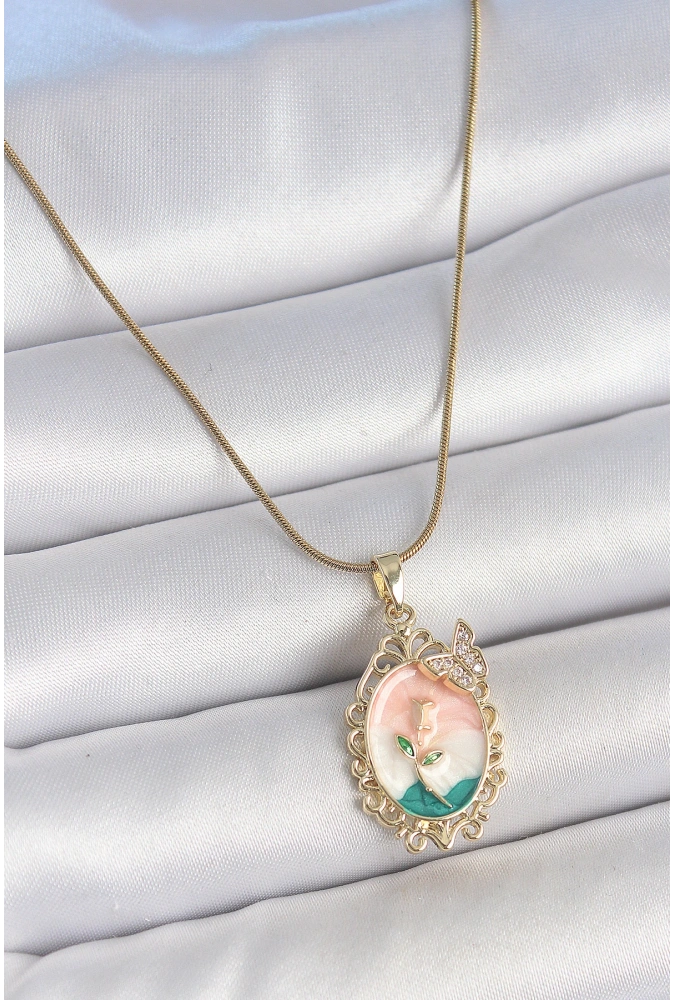 Shoecide 316l Çelik Gold Renk Zincir Mix Renk Çiçek İşlemeli Zirkon Taş Detaylı Portre Model Kadın Kolye