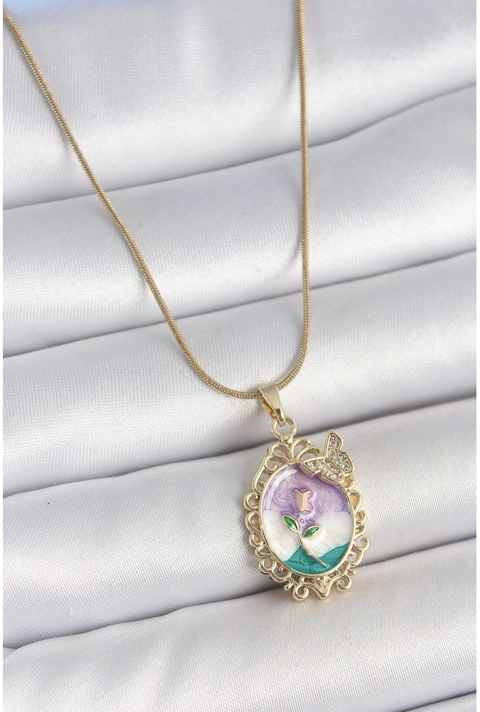 Shoecide 316l Çelik Gold Renk Zincir Mix Renk Mineli Çiçek İşlemeli Zirkon Taş Detaylı Portre Model Kadın Kolye