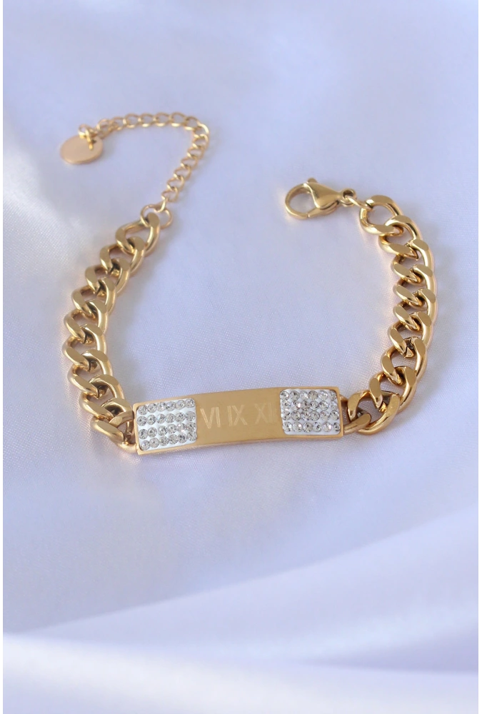 Shoecide 316l Çelik Gold Renk Zincir Model İşleme Detay Zirkon Taşlı Kadın Bileklik