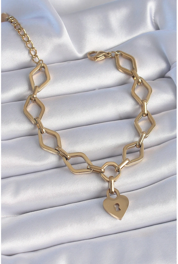 Shoecide 316l Çelik Gold Renk Zincir Model Kilit Kalp Figür Kadın Bileklik