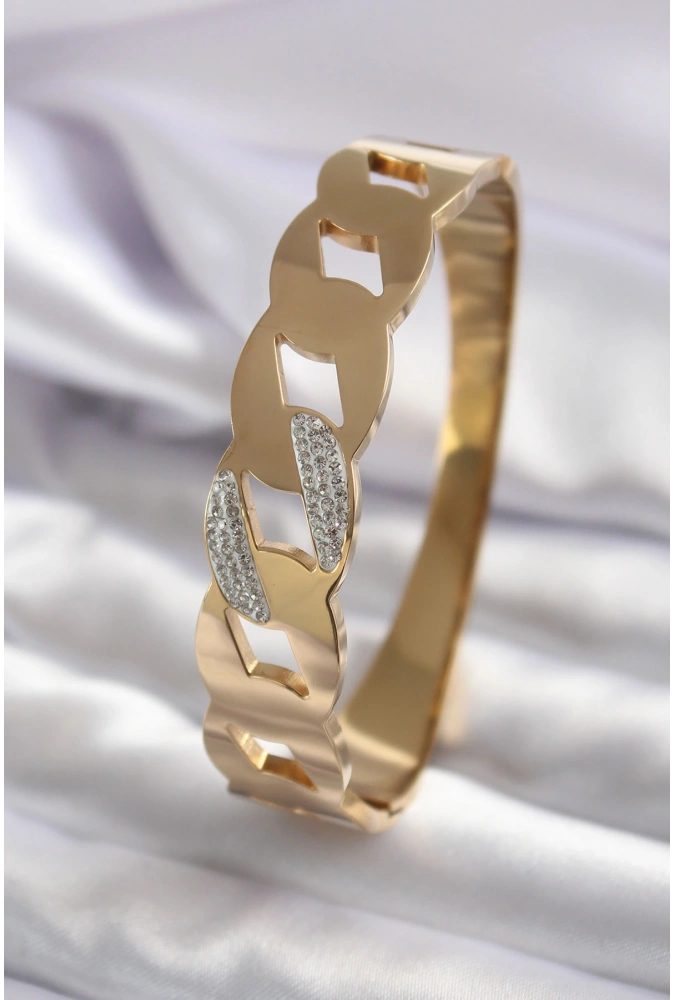 Shoecide 316l Çelik Gold Renk Zincir Model Zirkon Taş Detay Kadın Kelepçe