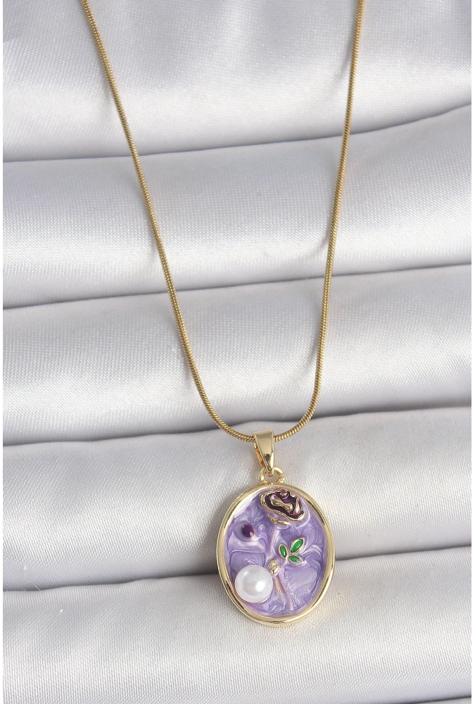 Shoecide 316l Çelik Gold Renk Zincir Mor Çiçek İşlemeli İnci Detay Portre Model Kadın Kolye
