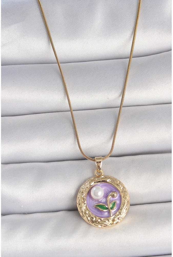Shoecide 316l Çelik Gold Renk Zincir Mor Çiçek İşlemeli İnci Detay Potre Model Kadın Kolye