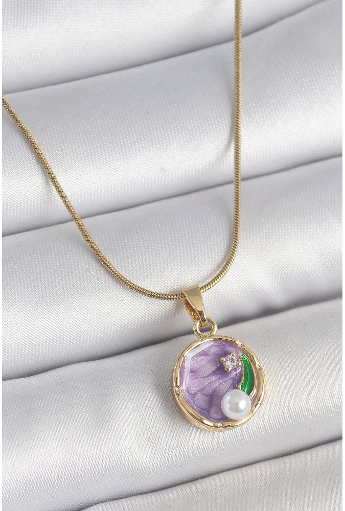 Shoecide 316l Çelik Gold Renk Zincir Mor Çiçek İşlemeli Zirkon Taş İnci Detaylı Minimal Portre Model Kadın Kolye
