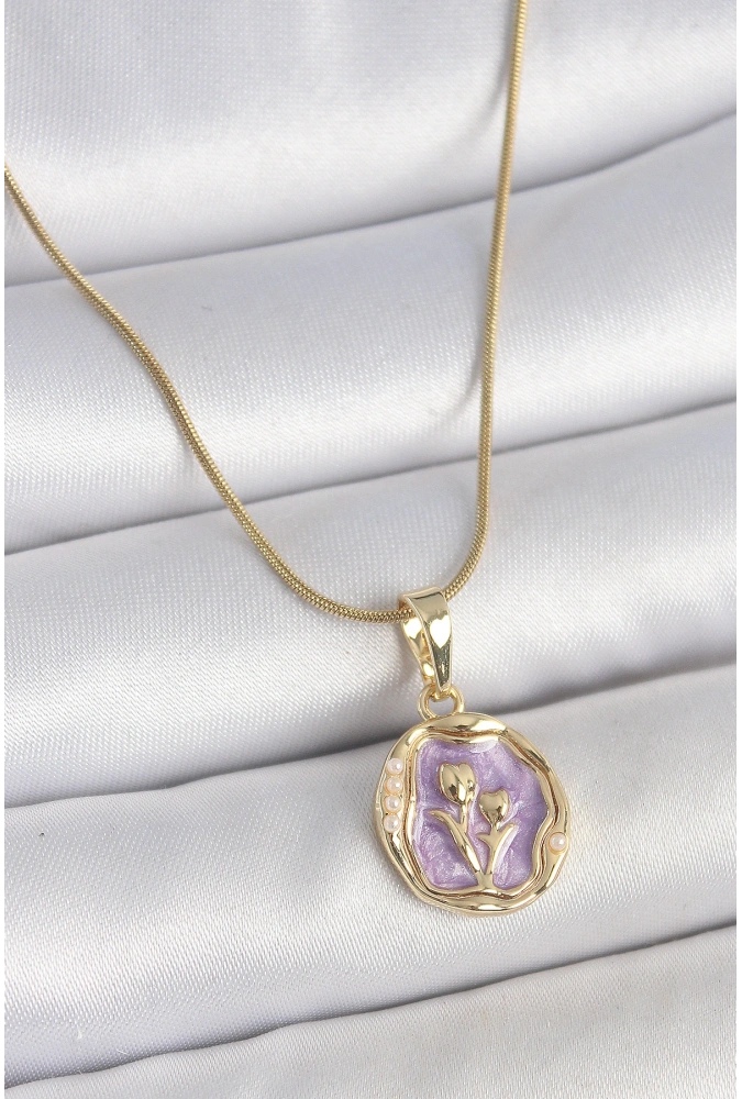 Shoecide 316l Çelik Gold Renk Zincir Mor Mineli Çiçek İşlemeli Portre Model Kadın Kolye