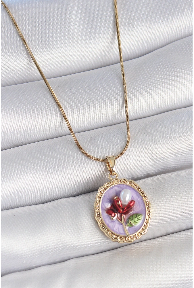 Shoecide 316l Çelik Gold Renk Zincir Mor Mineli İncili Çiçek İşlemeli Portre Model Kadın Kolye
