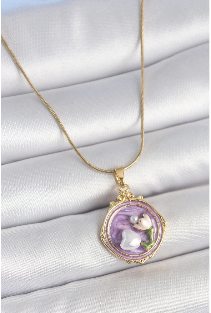 Shoecide 316l Çelik Gold Renk Zincir Mor Mineli İncili Çiçek İşlemeli Portre Model Kadın Kolye