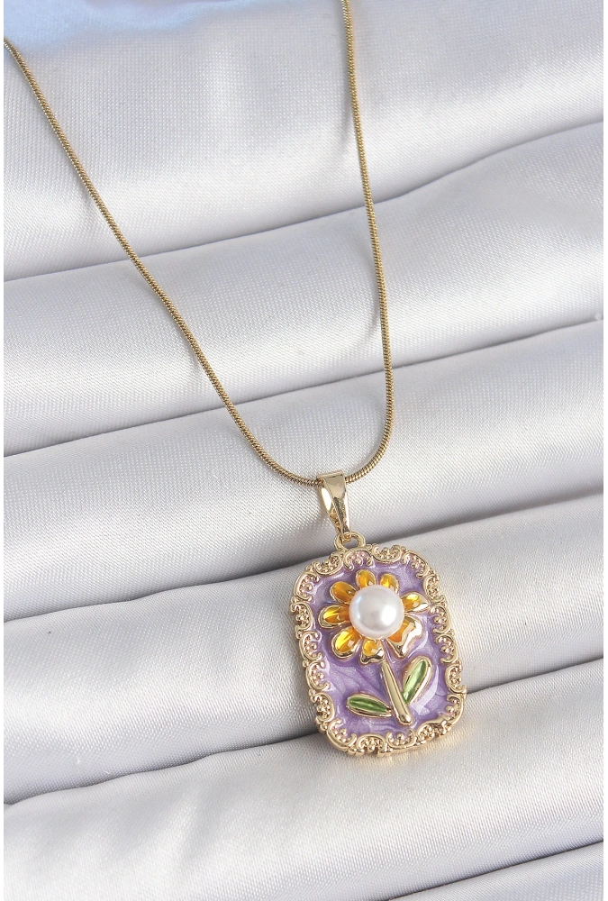 Shoecide 316l Çelik Gold Renk Zincir Mor Mineli İncili Papatya İşlemeli Portre Model Kadın Kolye