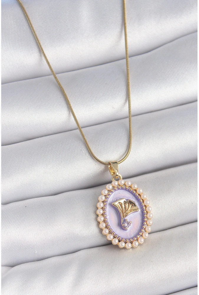 Shoecide 316l Çelik Gold Renk Zincir Mor Mineli İncili Zirkon Taşlı Çiçek İşlemeli Portre Model Kadın Kolye