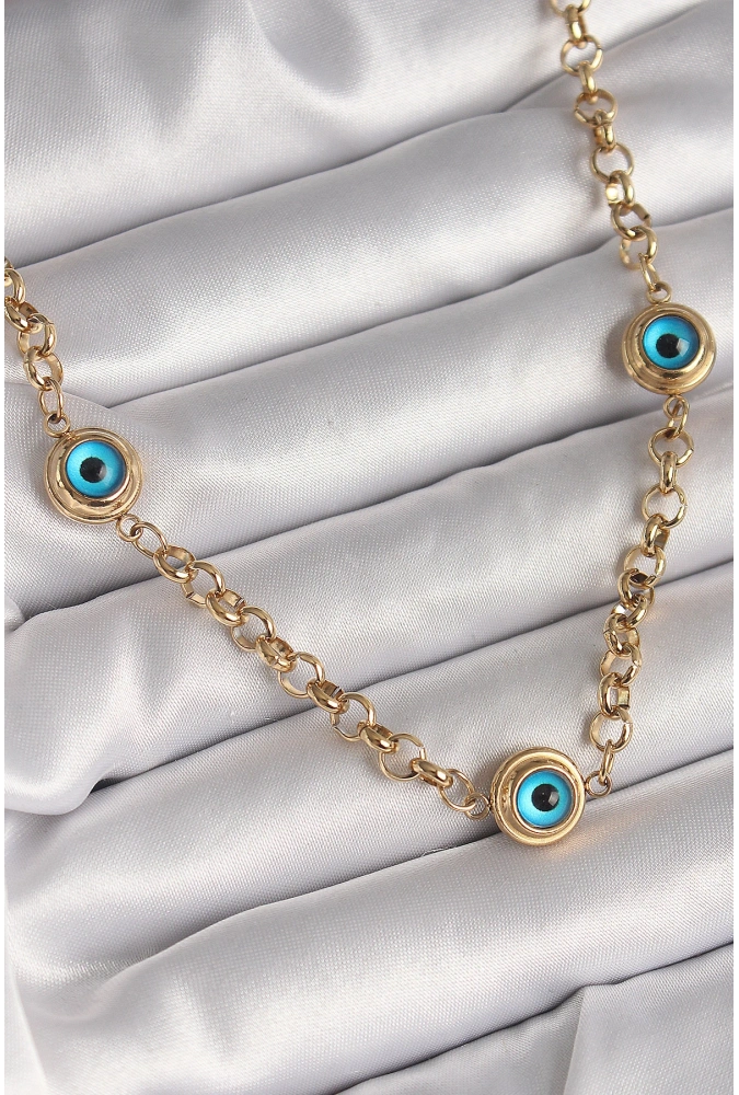 Shoecide 316l Çelik Gold Renk Zincir Nazar Boncuk Model Kadın Kolye