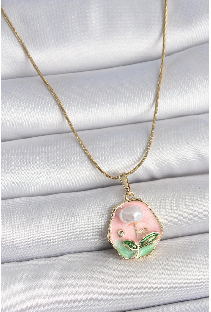 Shoecide 316l Çelik Gold Renk Zincir Pembe Çiçek İşlemeli İnci Detay Portre Model Kadın Kolye