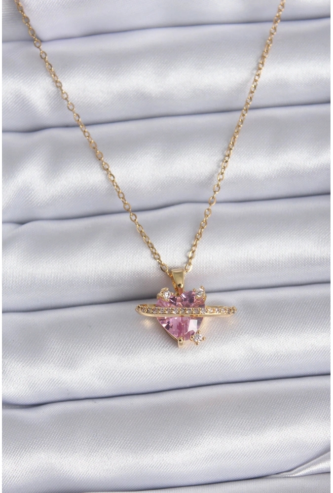 Shoecide 316l Çelik Gold Renk Zincir Pembe Kristal Kalp Model Zirkon Taş Detay Kadın Kolye