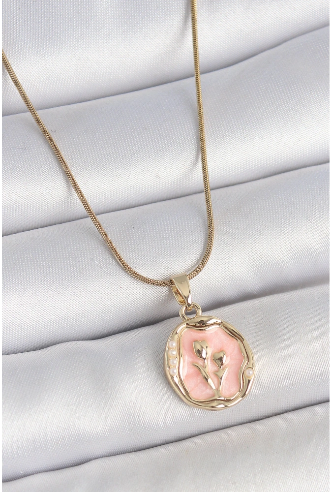Shoecide 316l Çelik Gold Renk Zincir Pembe Mineli Çiçek İşlemeli Portre Model Kadın Kolye
