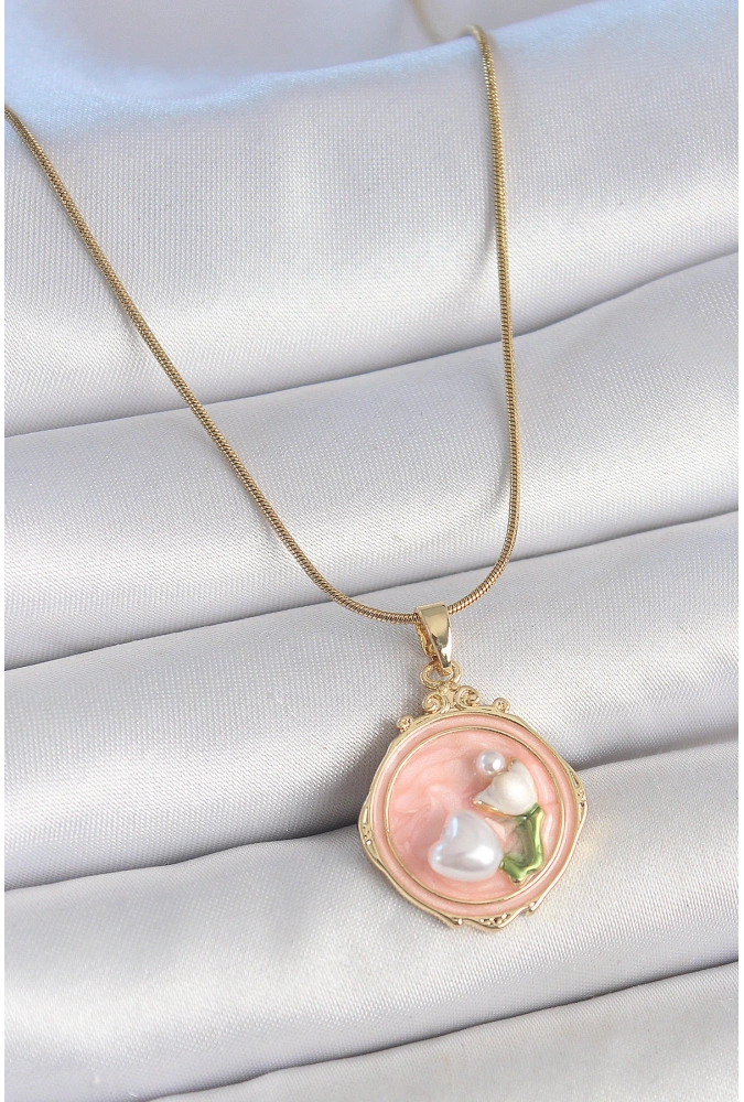 Shoecide 316l Çelik Gold Renk Zincir Pembe Mineli İncili Çiçek İşlemeli Portre Model Kadın Kolye