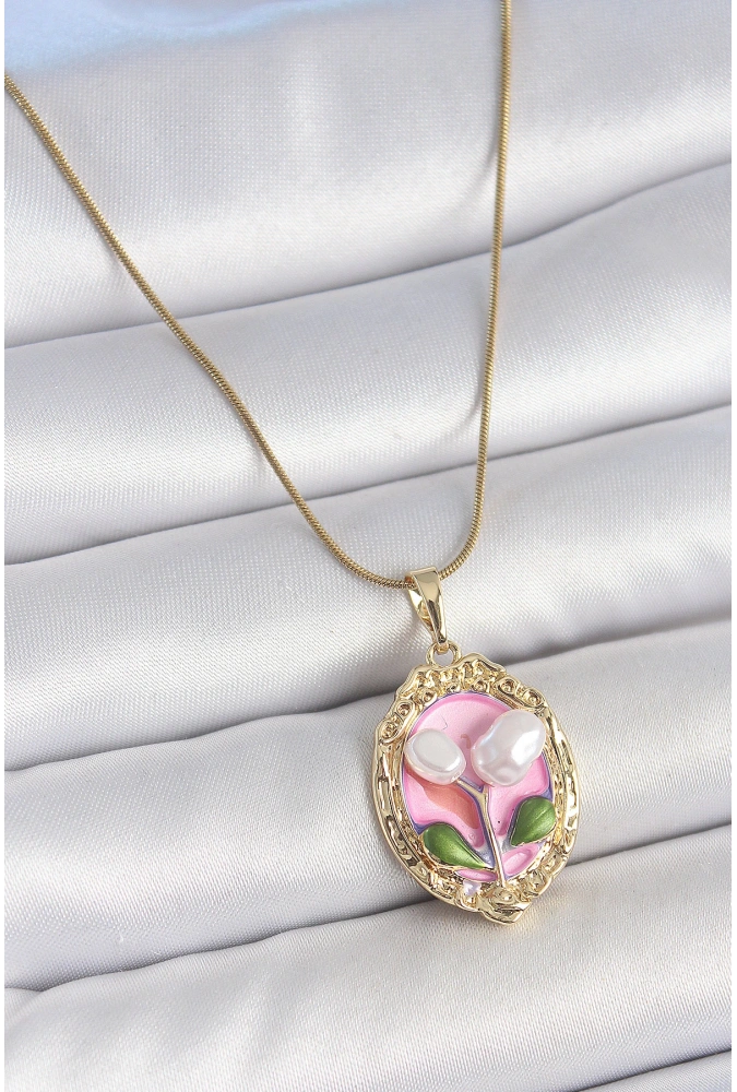 Shoecide 316l Çelik Gold Renk Zincir Pembe Mineli İncili Çiçek İşlemeli Portre Model Kadın Kolye