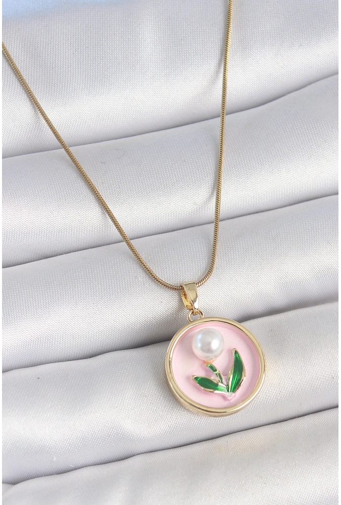 Shoecide 316l Çelik Gold Renk Zincir Pembe Mineli İncili Çiçek İşlemeli Portre Model Kadın Kolye