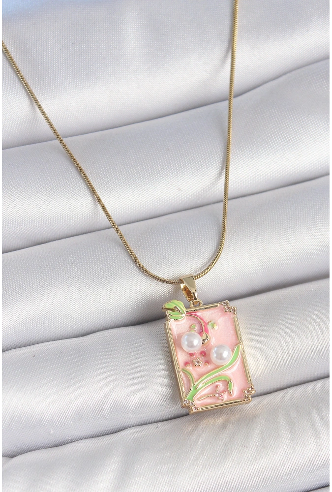 Shoecide 316l Çelik Gold Renk Zincir Pembe Mineli İncli Çiçek İşlemeli Portre Model Kadın Kolye