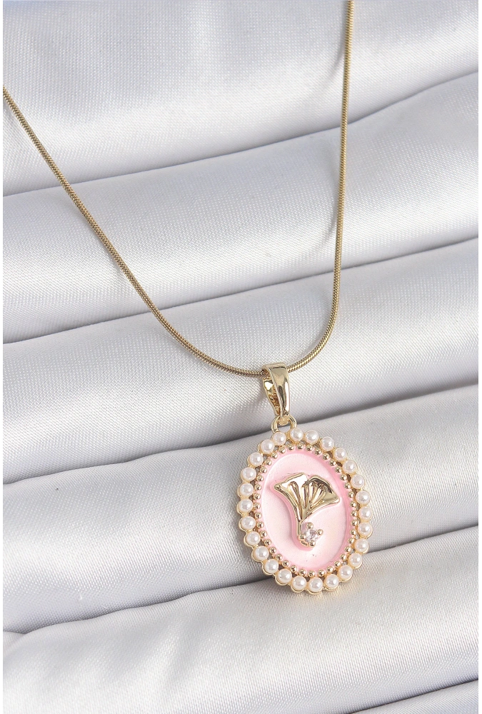 Shoecide 316l Çelik Gold Renk Zincir Pembe Mineli İncli Zirkon Taşlı Çiçek İşlemeli Portre Model Kadın Kolye
