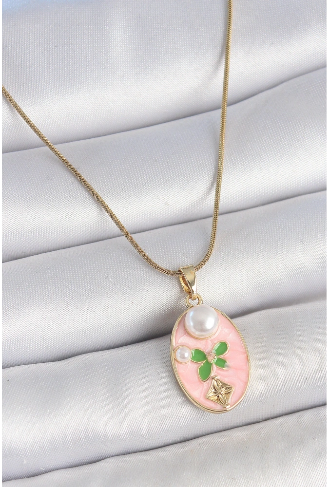 Shoecide 316l Çelik Gold Renk Zincir Pembe Mineli Oval İncili Çiçek İşlemeli Portre Model Kadın Kolye