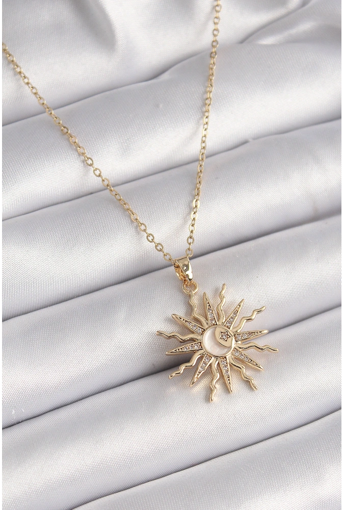 Shoecide 316l Çelik Gold Renk Zincir Renkli Zirkon Taşlı Sedefli Ay İşleme Detay Kadın Kolye