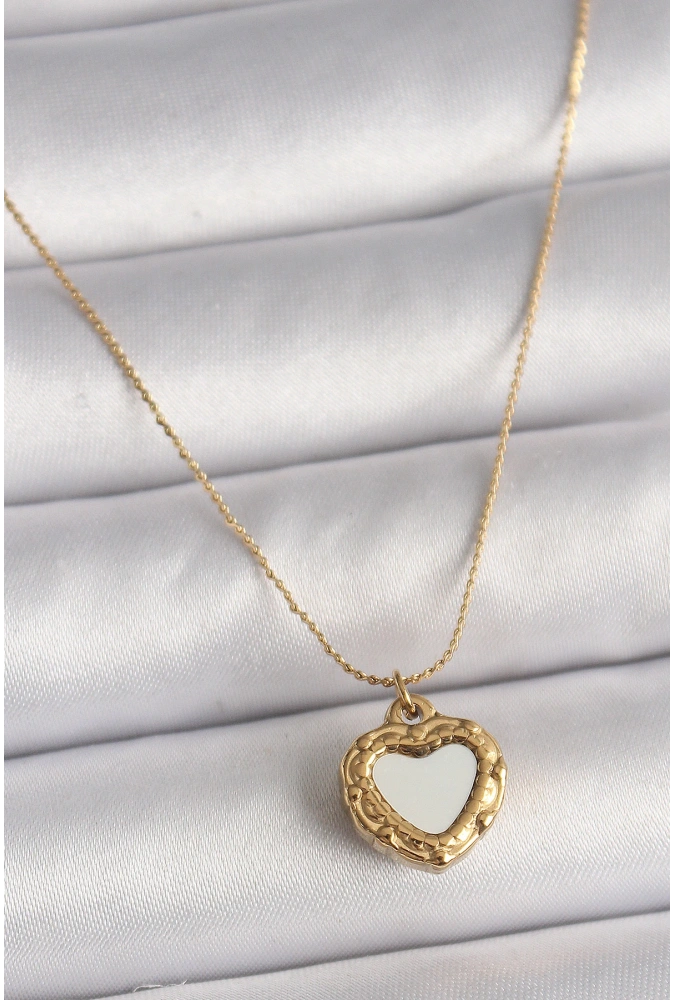Shoecide 316l Çelik Gold Renk Zincir Sedefli Kalp Model Kadın Kolye